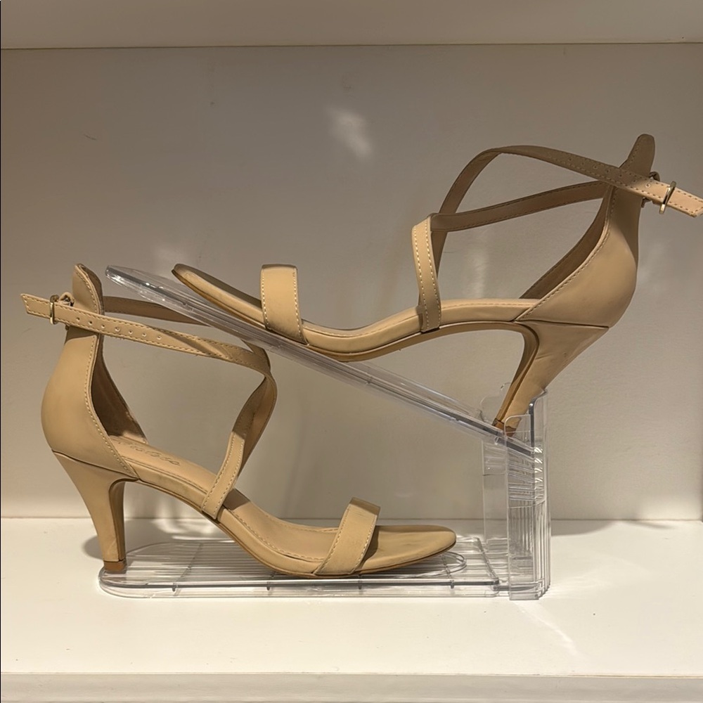 Tan Kitten Heel Sandals with Ankle Strap